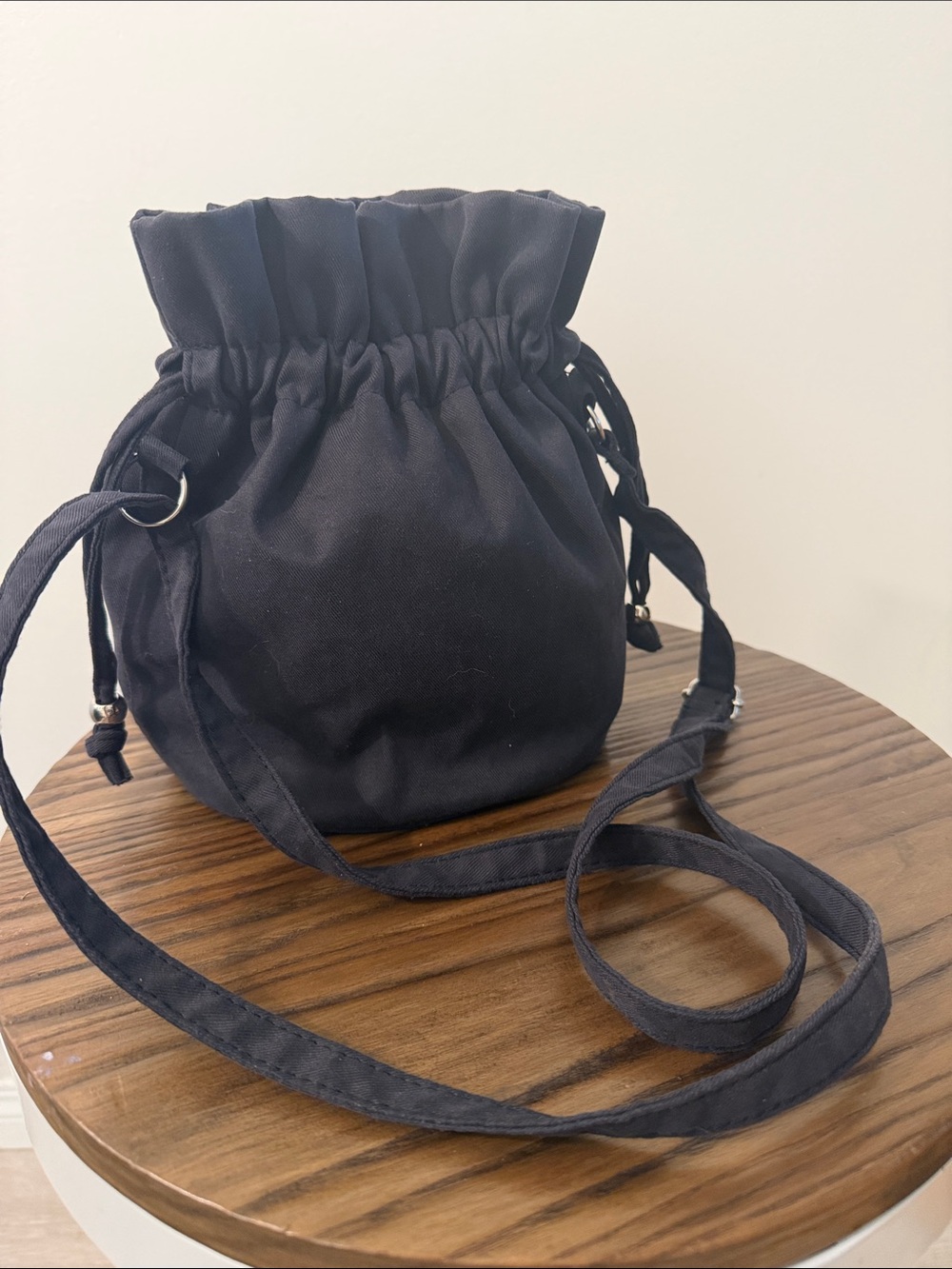 Minimalist Black Drawstring Mini Bucket Bag